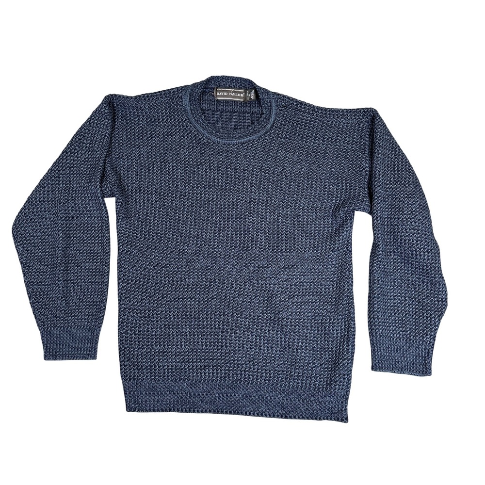 David Taylor Mens Navy Blue Waffle Knit Crewneck Sweater Made in USA Size M